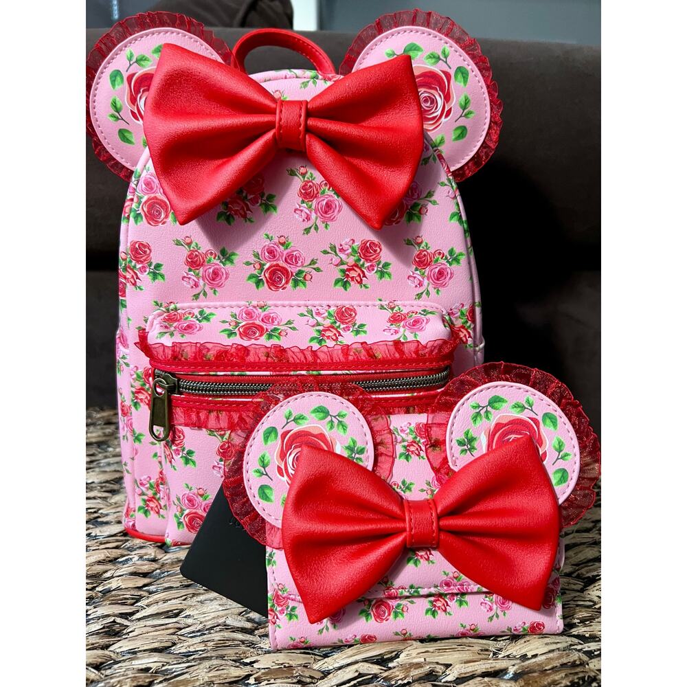 Loungefly Disney Minnie Mouse Pink & Red Roses Figural Mini Backpack & Wallet